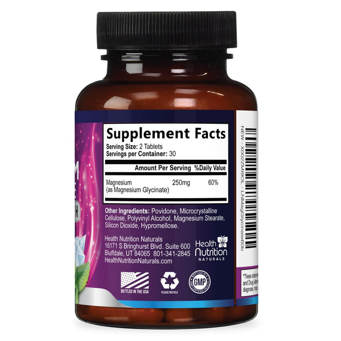 Magnesium Glycinate 250mg - 100% Chelated Magnesium for Max Absorption - Sleep Support, Muscle, Nerves, Bone & Heart Health Support, Best Mag Supplement, Vegan Non-GMO, 3rd Party Tested - 60 Tablets