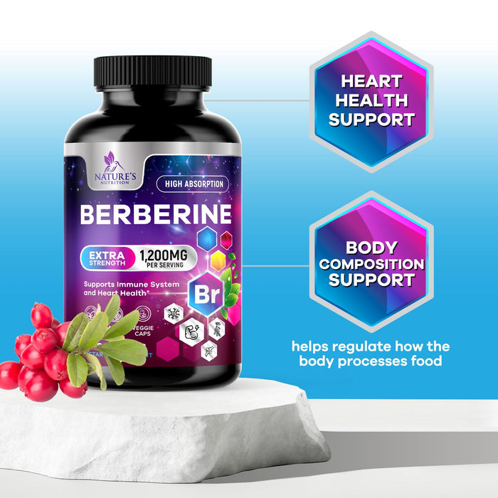 Berberine HCL 1200mg Supplement - Berberine HCI Capsules High Absorption Supplement for Heart Health & Immune Support, High Strength, Gluten-Free, Vegan, Non-GMO Pills - 120 Veggie Capsules