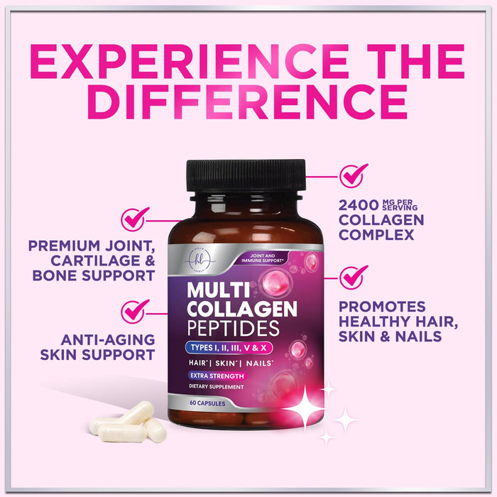 Multi Collagen Peptides Supplement - Hydrolyzed Types I, II, III, V & X Multi Collagen Pills, Hydrolyzed Collagen Peptides Supplements, Hair, Skin, Nail, and Joint Support Supplement, 60 Capsules