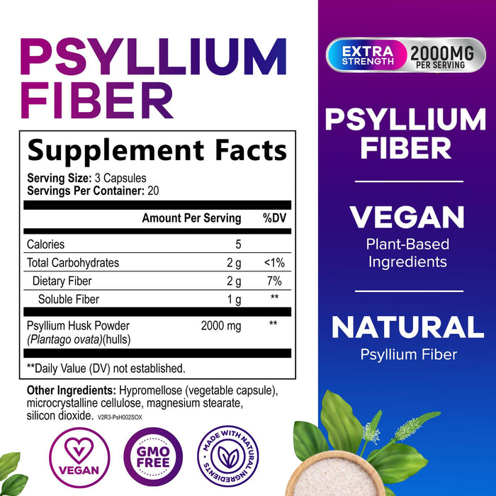 Psyllium Husk Fiber Supplement 1500mg - Vegan Prebiotic, Soluble Fiber for Daily Digestive Health & Regularity Support, Natural Psyllium Powder Caps, Sugar-Free, Non-GMO & Gluten-Free - 60 Capsules