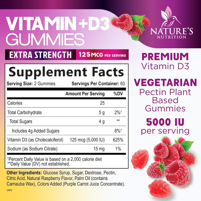 Vitamin D3 Supplement Gummy 5000 IU (125 mcg) Dietary Vitamins D for Men & Women - Bone, Teeth, Muscle and Immune Health Support, High Potency VIT D3 Nature's Non-GMO & Gluten Free - 120 Gummies