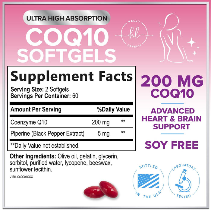 CoQ10 200mg Softgels - Ultra High Absorption, Antioxidant for Heart Health & Energy Production Support - Coenzyme Q10 (Ubiquinone) Co Q 10 Supplement and Vitamins 100mg Each - Non GMO - 120 Softgels