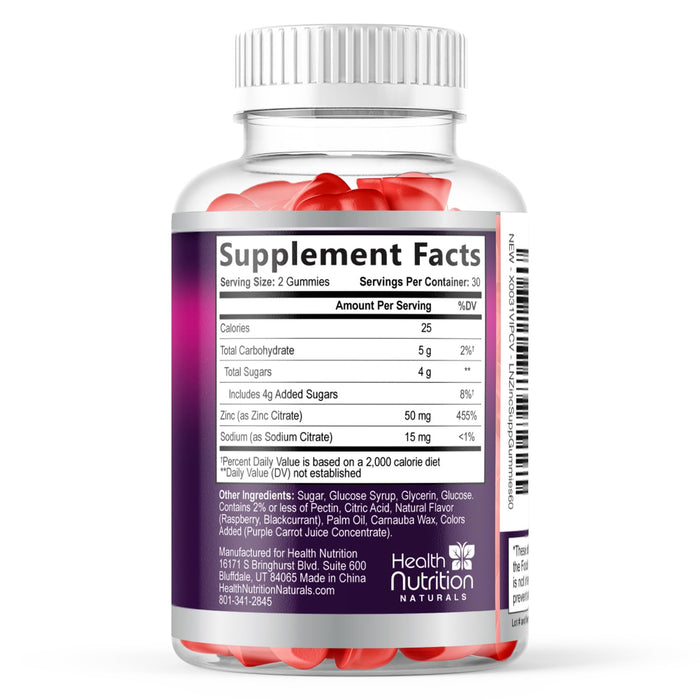 Zinc Supplement 50mg Gummies for Adults - Max Strength Skin Health & Immune Support Gummy, Vegan, Non-GMO & Gluten Free, Nature’s Antioxidant & Bone Health Chewable Tasty Berry Flavor - 60 Gummies
