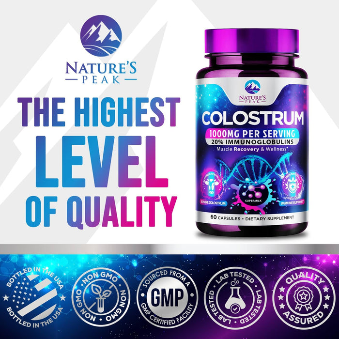 Colostrum Supplement 1000mg 20% Immunoglobulins for Gut Health, Immune Support, Muscle, Skin & Hair Growth, Bovine Colostrum Powder, Nature's Colostrum for Women & Men, Bottled in USA - 60 Capsules