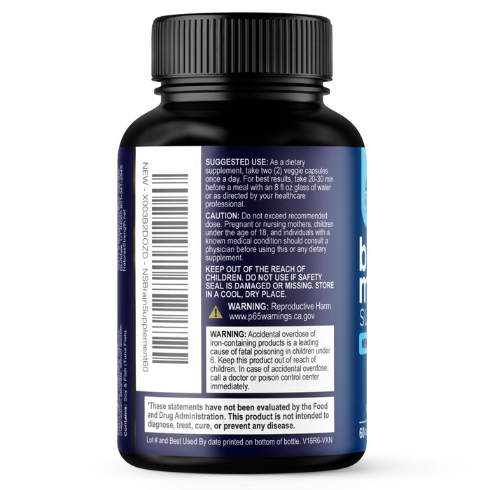 Brain Memory Supplement Pills - Nootropics Support for Concentration, Clarity, Alertness & Focus - Brain Health with Bacopa, Cognitive Vitamins, Phosphatidylserine, DMAE - Brain Booster - 60 Capsules