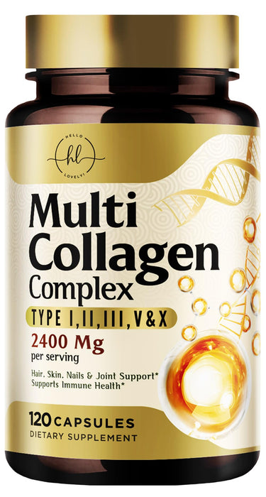 Multi Collagen Peptides for Women â€“ 2400mg Best Hydrolyzed Collagen Complex with 5 Types (I, II, III, V, X) - Grass Fed - Hair, Skin, Nail, Bone & Joint Support for Beauty & Wellness â€“ 120 Capsules