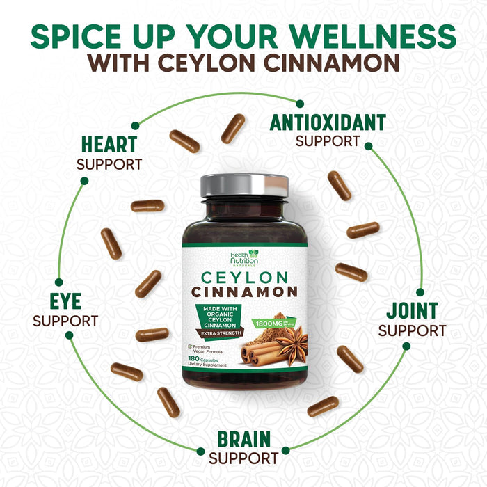 Ceylon Cinnamon Capsules 1800mg - Certified Organic Ceylon Cinnamon Powder Supplement, Bottled in USA, Extra Strength Energy & Heart Support Pills, Non-GMO & Gluten Free, Sugar Free - 180 Capsules