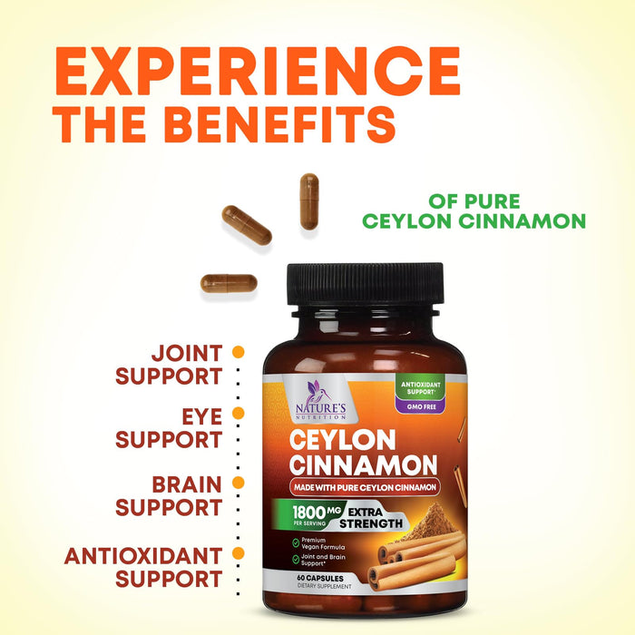 Organic Ceylon Cinnamon Supplement 1800mg - Certified Organic Ceylon Cinnamon Powder Pills - Energy & Heart Support for Women & Men, Bottled in USA, Antioxidant, Gluten Free, Non-GMO - 60 Capsules