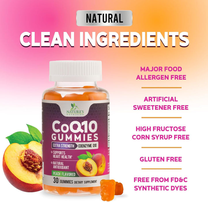 Nature's Nutrition CoQ10 Gummies 100mg â€“ High Absorption Coenzyme Q10 Supplement for Heart Health, Energy & Antioxidant Support â€“ Peach Flavor Gummy, Vegan, Non-GMO, Gluten Free â€“ 30 Count