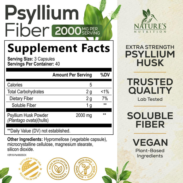 Psyllium Husk Fiber Supplement 2000mg, Natural Daily Soluble & Insoluble Fiber Pills, Psyllium Husk Powder Capsules Supports Digestion Colon Health & Regularity, Plant Based Supplement - 120 Capsules