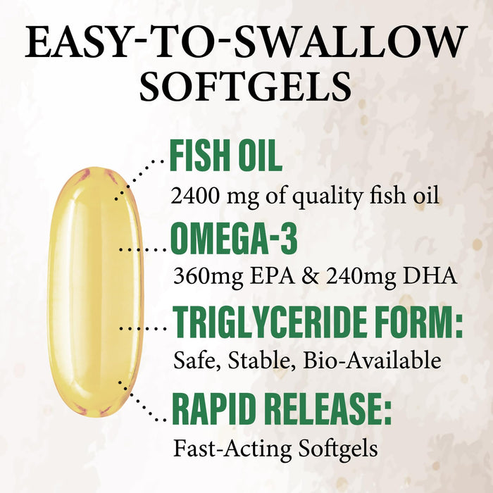 Omega 3 Fish Oil Supplements - 2400 mg Triple Strength Omega3, EPA & DHA with Essential Fatty Acids - Natural Immune, Brain & Heart Health Support - Gluten Free, Non-GMO, Wild Caught - 120 Softgels