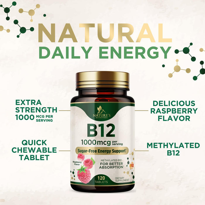 Vitamin B12 (Methylcobalamin) 1000 mcg - Chewable Tablet for Energy, Nervous System & Brain Support - Maximum Strength, Fast Dissolve, Vegan, Gluten-Free, Non-GMO for Women & Men - 120 Tablets
