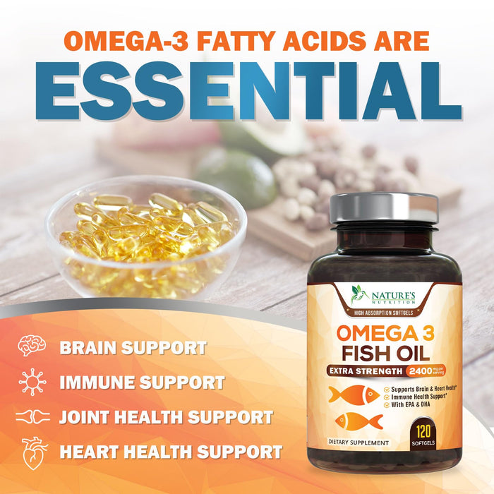 Omega 3 Fish Oil 2400 mg â€“ Triple Strength EPA & DHA Fatty Acids for Heart, Brain & Joint Support â€“ Wild-Caught, Burpless, Lemon Flavor Supplement â€“ Natural, Non-GMO, Gluten-Free â€“ 120 Softgels