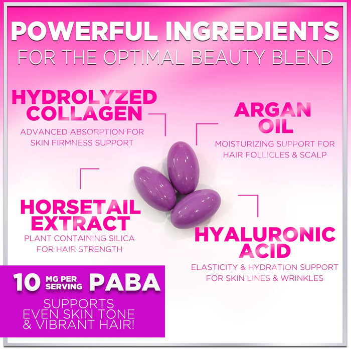Hair, Skin & Nails Vitamins for Women - Biotin 5000mcg to Support Hair Growth with Argan Oil, Collagen & Hyaluronic Acid, Beautiful, Stronger Skin, Hair & Nails Vitamin Supplement - 60 Softgels