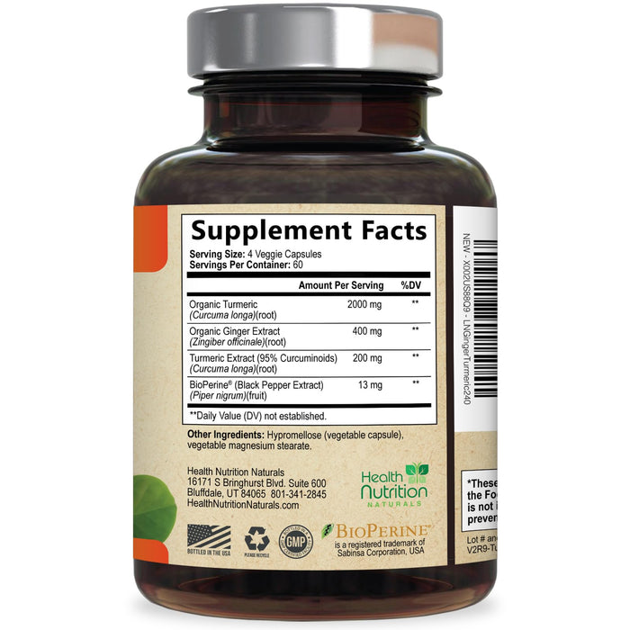 Turmeric Curcumin Supplement 2600mg - with Organic Ginger & Turmeric, 95% Curcuminoids, BioPerine Black Pepper for Best Absorption, Nature's Vegan Joint Support, Non-GMO, Bottled in USA - 240 Capsules