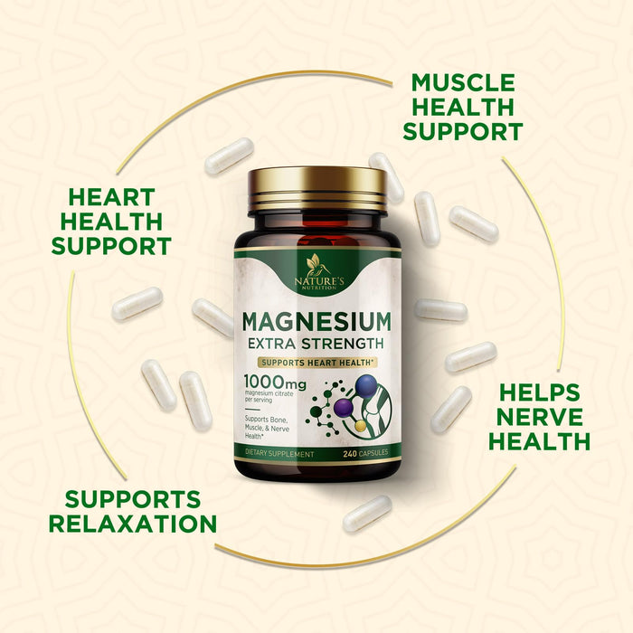 Magnesium Supplement (Citrate Oxide) 1000mg for Best Absorption, Supports Bone, Heart Health, Nerves, Muscles & Metabolism, Nature's Pure Magnesio Vitamin Pills, Bottled in USA, 240 Capsules