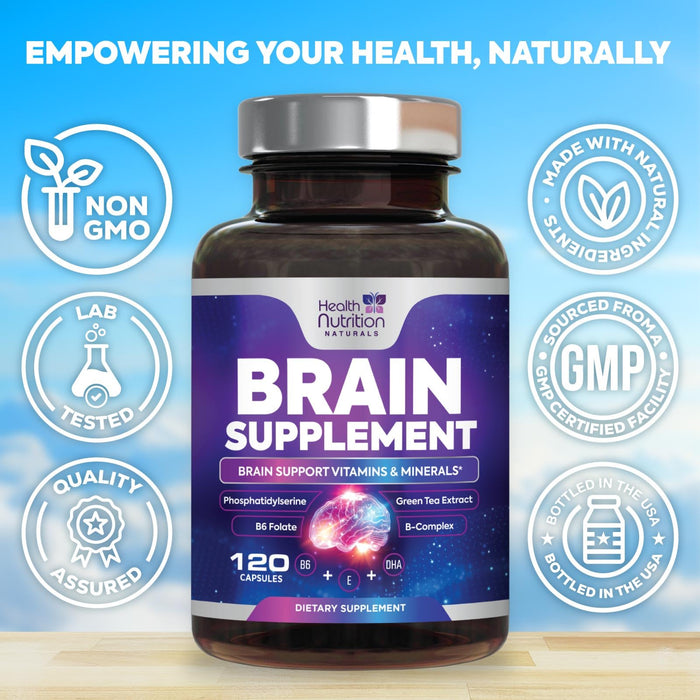 Brain Supplements for Memory and Focus - Extra Strength Nootropic Capsules for Concentration, Alertness, Cognitive Support - Phosphatidylserine, Brain Health Vitamins B6 C E Zinc - 60 Capsules