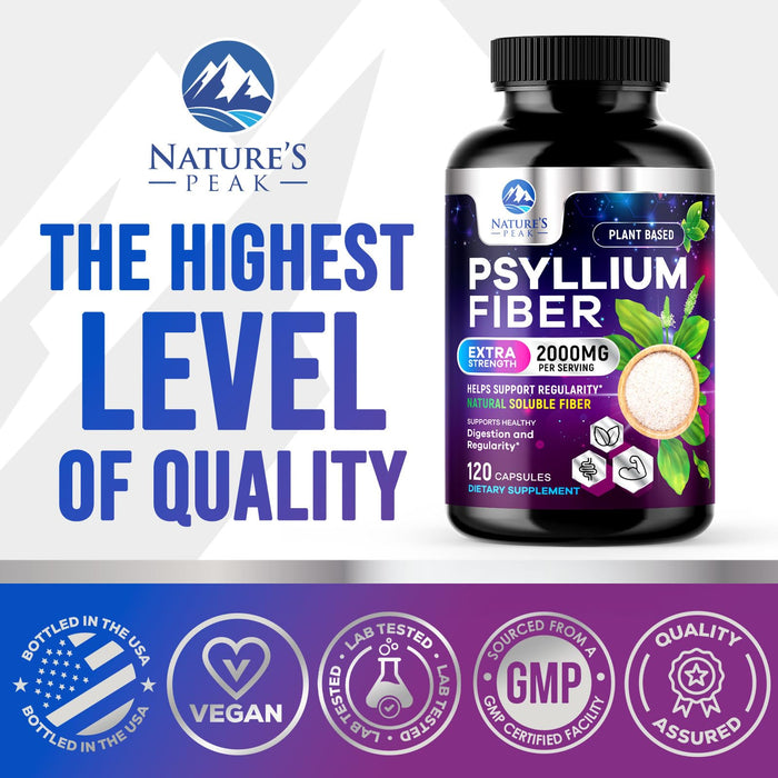 Psyllium Husk Fiber Supplement 1500mg - Vegan Prebiotic, Soluble Fiber for Daily Digestive Health & Regularity Support, Natural Psyllium Powder Caps, Sugar-Free, Non-GMO & Gluten-Free - 120 Capsules