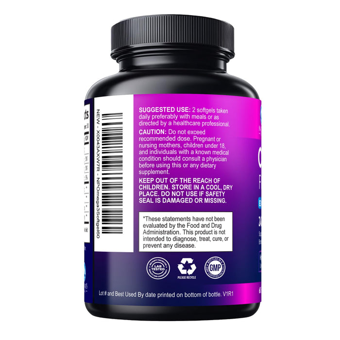 Omega 3 Fish Oil 2400 mg Supplement, Sustainably Sourced, Triple Strength Omega-3 Supplement Softgels, Brain Health Support, EPA & DHA Fish Oil Fatty Acids Supplements, Gluten & GMO Free, 60 Softgels