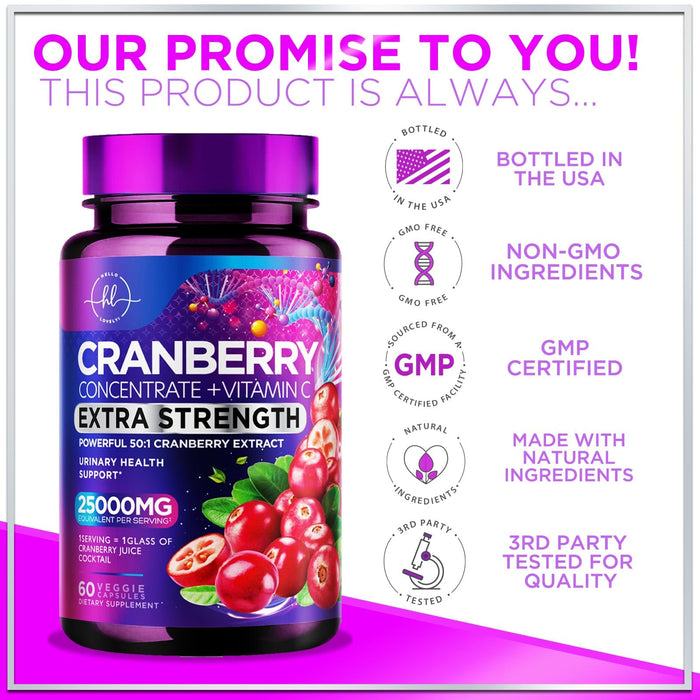 Cranberry Supplement 25,000mg Formula + Vitamin C â€“ Urinary Tract Health Support for Women & Men, 50:1 Whole Fruit Cranberry Extract Pills for Women, Sugar-Free, Non-GMO, Gluten-Free - 60 Capsules