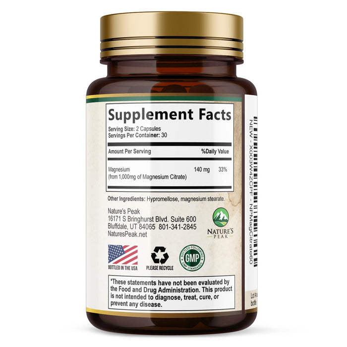 Magnesium Citrate 1000mg - High Absorption Magnesium Supplement Supports Muscle, Bone, Nerve & Heart Health - Extra Strength Magnesio Complex Pills - Non-GMO, Premium Energy Formula - 60 Capsules