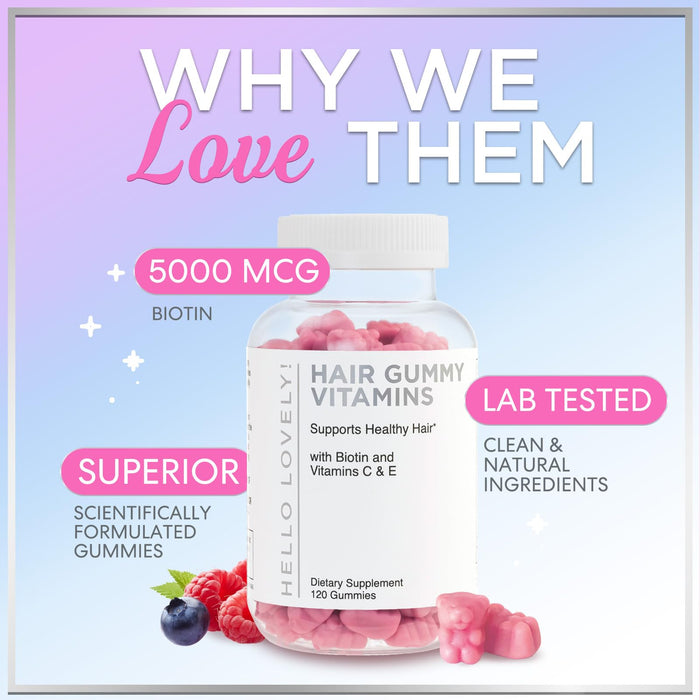 Hair Vitamins Gummies - Biotin 5000 mcg with Vitamin E, C & Zinc, Hair Growth Vitamins for Women & Men - Stronger, Beautiful Hair, Skin & Nails Supplement, Non-GMO & Gluten-Free - 120 Gummy Bears