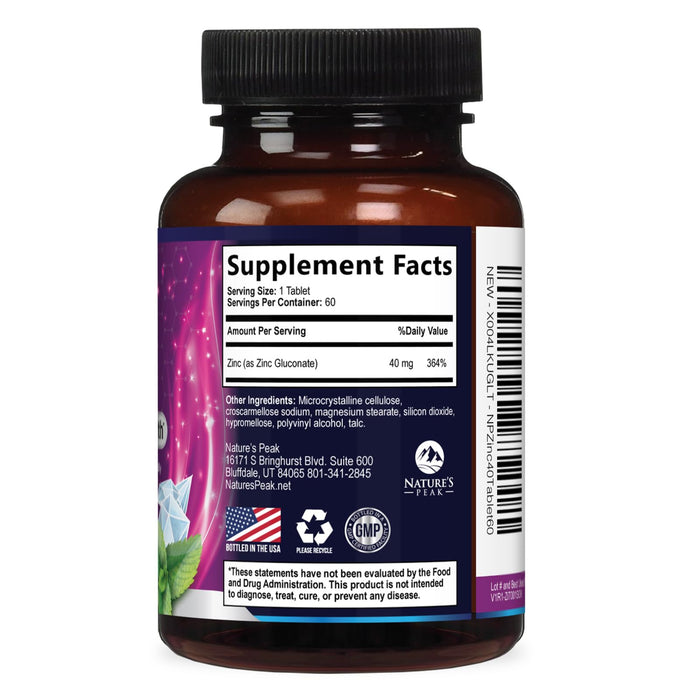 Zinc Supplement 40mg - Immune Support for Women & Men - High Potency Antioxidant, Chelated for Superior Absorption, Dietary Supplement Vitamin for Immune Health Support - 60 Tablets (60 Day Supply)