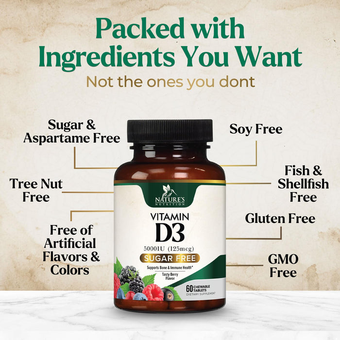 Vitamin D3 5000 IU (125 mcg) Nature's Vitamin D Chewable for – 60 Count Tablets