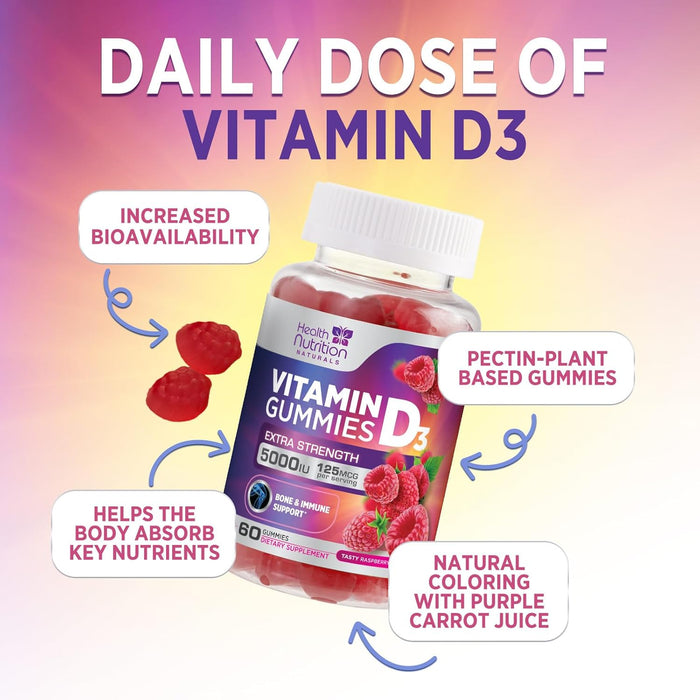 Vitamin D3 Gummies 5000 IU (125 mcg) - Extra Strength Immune Support, Bone, Teeth and Muscle Vitamin D Gummy Dietary Supplement, Nature's Berry D Vitamin Supplement, Raspberry, Non-GMO - 60 Gummies