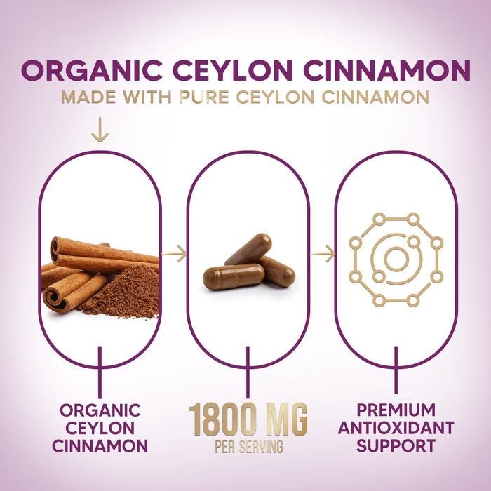 Ceylon Cinnamon Capsules 1800mg - Certified Organic Cinnamon, Bottled in USA, & Pure Extra Strength Ceylon Cinnamon Supplement, Antioxidant Pills, Non-GMO & Gluten Free, Sugar Free - 60 Capsules