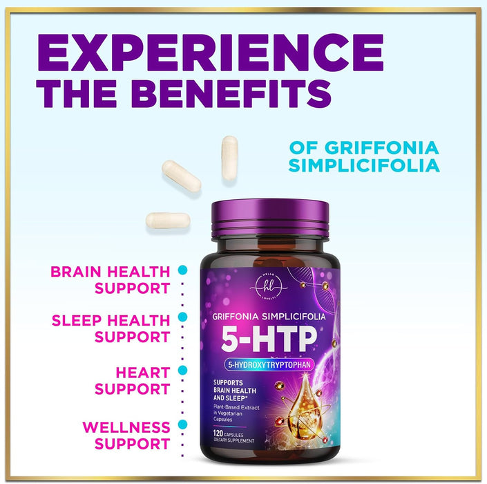 5-HTP Supplement 200mg - Extra Strength 5HTP from Griffonia Simplicifolia - Supports Restful Sleep, Natural Calm & Brain Health - 5 Hydroxytryptophan - Vegan, Gluten Free & Non-GMO - 60 Capsules