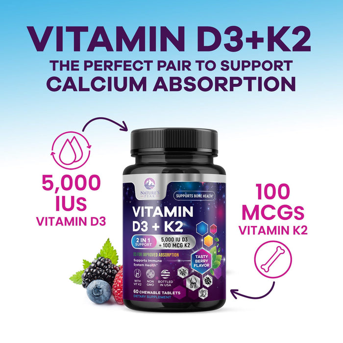 Vitamin D3 K2 - 5000 iu Vitamin D3 & 100 mcg Vitamin K2 (MK-7) Complex for Immune Support - Bone, Teeth & Muscle Health Support - Berry Chewable, Gluten Free, Non-GMO, Made in USA - 60 Tablets