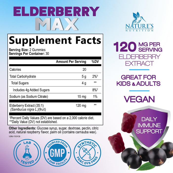 Elderberry Immune Support Gummies - Super Concentrated 35:1 Extract, Equivalent to 4200mg of Elderberries - Sambucus Black Elder Berry Vitamin Supplement, Daily Support for Kids & Adults - 60 Gummies
