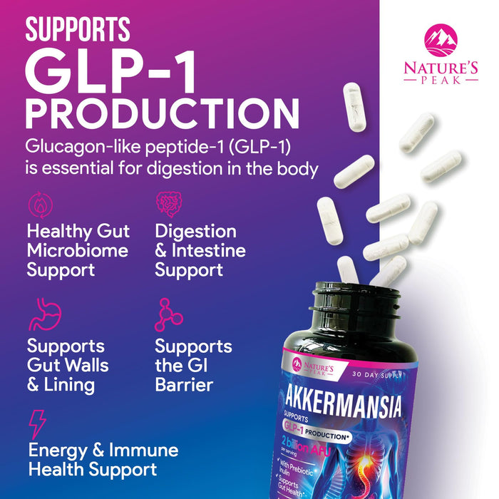 Akkermansia Probiotic Supplement - 2 Billion AFU GLP-1 Supplement with Prebiotic Fiber - Akkermansia Muciniphila GLP-1 Probiotics for Women & Men - Digestive, Gut & Immune Support - 120 Capsules