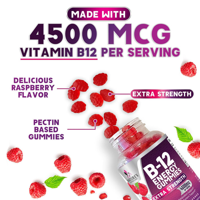 B-12 Vitamin Energy Gummies - 4500mcg Extra Strength B12 Gummy Chewables for Energy Metabolism & Immune Support - Dietary Supplement for Women, Men, & Kids - Non-GMO, Vegan, Berry Flavor - 120 Count