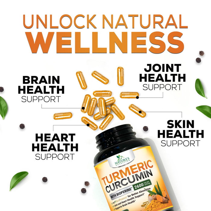 Turmeric Curcumin Supplement with BioPerine 95% Curcuminoids 2600mg with Black Pepper for Best Absorption, Bottled in USA, Best Natural Vegan Joint Support, Nature's Non-GMO Tumeric - 120 Capsules