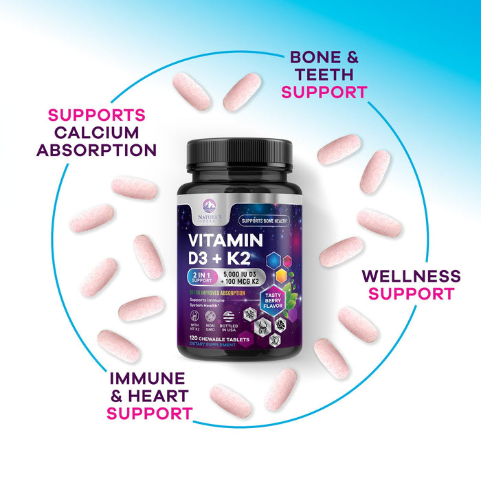 Vitamin D3 K2 - 5000 iu Vitamin D3 & 100 mcg Vitamin K2 (MK-7) Complex for Immune Support - Bone, Teeth & Muscle Health Support - Berry Chewable, Gluten Free, Non-GMO, Made in USA - 120 Tablets
