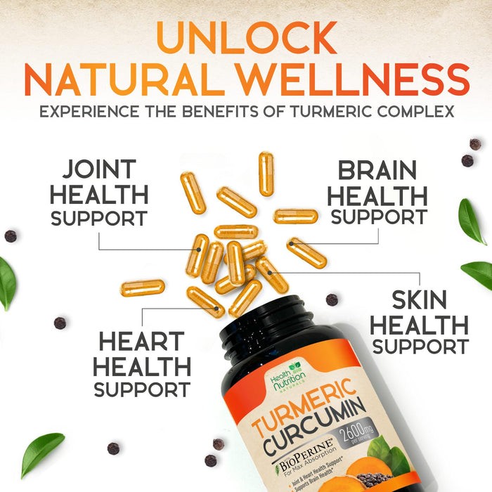 Turmeric Curcumin Supplement 2600mg - 95% Curcuminoids with Organic Turmeric & BioPerine Black Pepper for Best Absorption, Nature's Vegan Joint Support, Non-GMO Tumeric, Bottled in USA - 120 Capsules