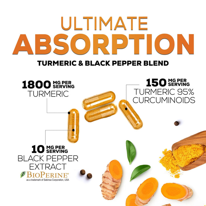 Turmeric Curcumin Supplement 1950mg - 95% Curcuminoids with Organic Turmeric & BioPerine Black Pepper Extract for Best Absorption, Nature's Vegan Joint Support, Non-GMO, Bottled in USA - 180 Capsules