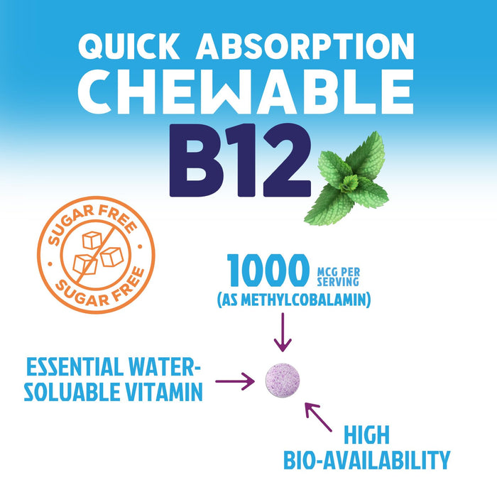 Vitamin B12 1000 mcg (Methylcobalamin) Super B 12 Complex Dietary Supplement for Energy & Immune Support, Vegan, Sugar-Free, Sublingual, Tasty Raspberry Flavor - 60 Chewable Tablets, 60 Day Supply