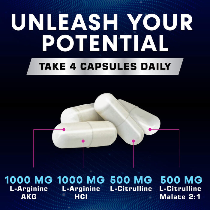 Extra Strength Nitric Oxide Supplement 3X Strength L Arginine, Citrulline Malate, AAKG, Beta Alanine - Premium Muscle Supporting Nitric Booster - Natural Energy & Heart Health Support - 60 Capsules