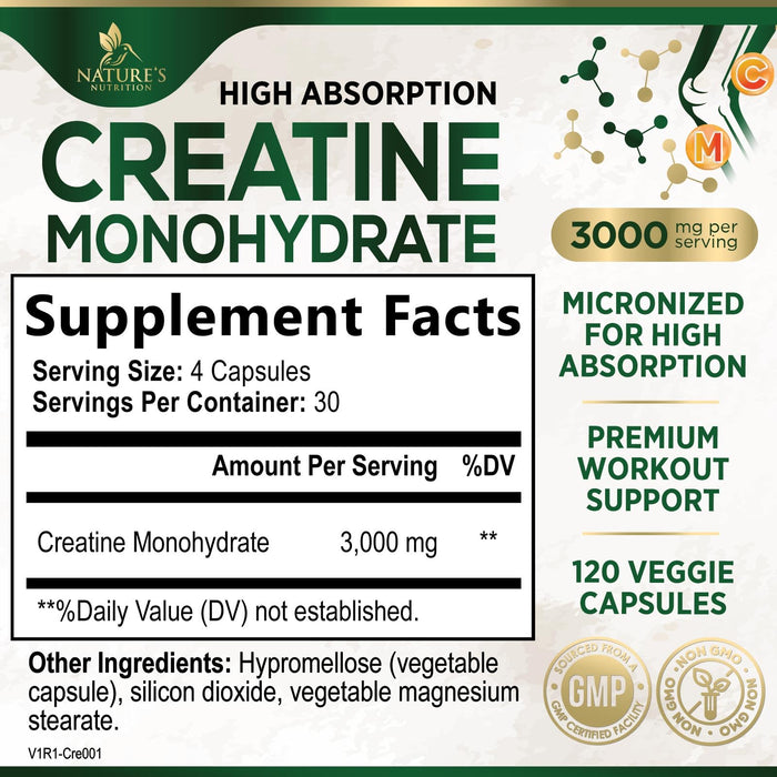 Creatine Monohydrate Capsules 3000mg â€“ Best Micronized Creatine Powder - Supports Lean Muscle, Strength, Energy, & Endurance - Nature's Supplement, Non-GMO, Gluten Free for Women & Men - 120 Capsules