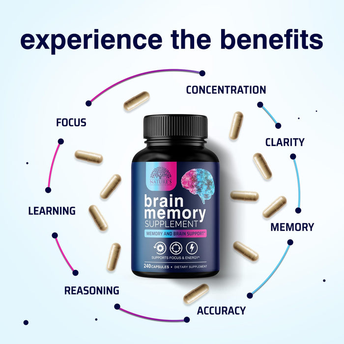 Brain Memory Supplement Pills - Nootropics Support for Concentration, Clarity, Alertness & Focus - Brain Health with Bacopa, Cognitive Vitamins, Phosphatidylserine, DMAE - Brain Booster - 240 Capsules