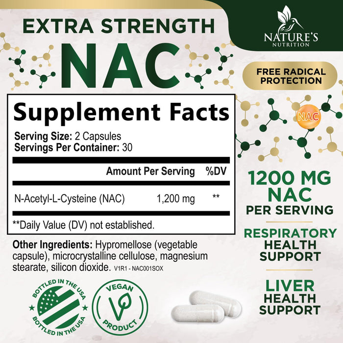 NAC Supplements N-Acetyl L-Cysteine (NAC) 1200 mg - NAC Supplement for Lung Health & Immune Support, Liver Support & Antioxidants, Freefrom N-Acetylcysteine, Gluten Free, Non-GMO, 60 Veggie Capsules
