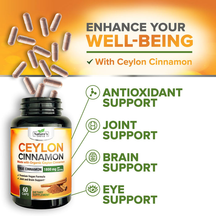 Ceylon Cinnamon Capsules 1800mg - Certified Organic Cinnamon, Bottled in USA, & Pure Extra Strength Ceylon Cinnamon Supplement, Antioxidant Pills, Non-GMO & Gluten Free, Sugar Free - 60 Capsules