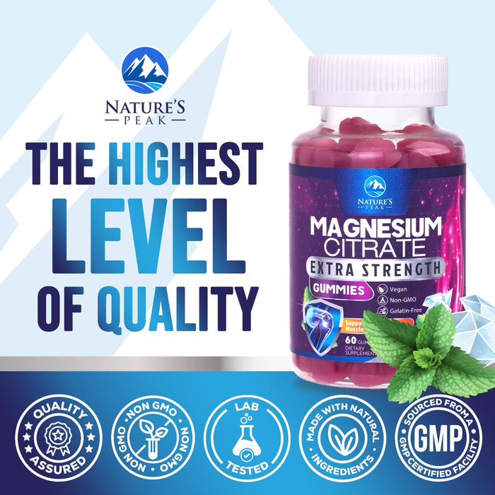 Magnesium Citrate Supplement Gummies - High Absorption Magnesium Gummy for Adults & Kids, Magnesio Citrate Supplements for Bone, Muscle Health, Heart Support, Vegan, Gluten Free, Non-GMO - 60 Gummies