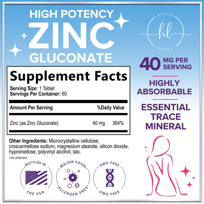 Zinc Supplements for Women and Men - 40mg Supplement for Immune Support, Skin Health Support, & Antioxidant Supplement for Adults, High Potency Zinc Gluconate 40 mg, Non-GMO - 60 Tablets