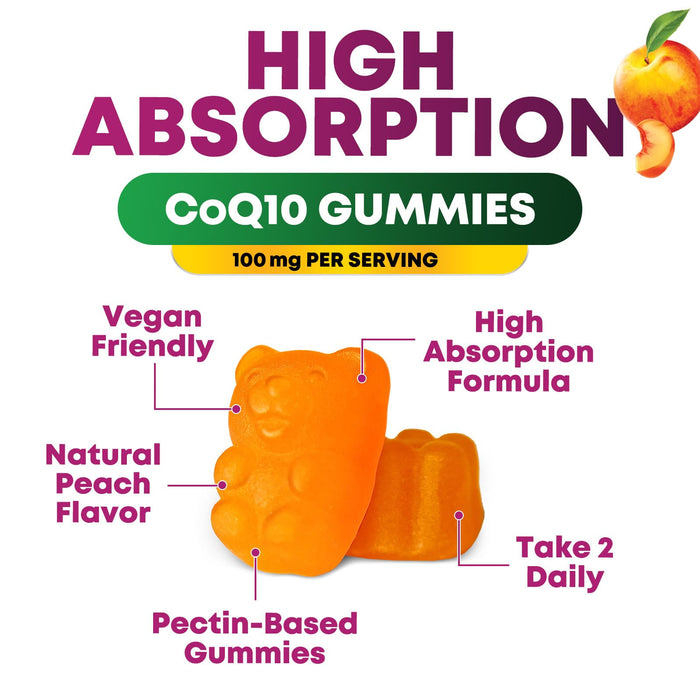CoQ10 100mg Gummies - 3X Better Absorption, Antioxidant for Heart Health Support & Energy Production, Ultra Coenzyme Q10 Vitamins, Co q 10 Supplement, Dietary Supplement, Non-GMO - 30 CoQ10 Gummies