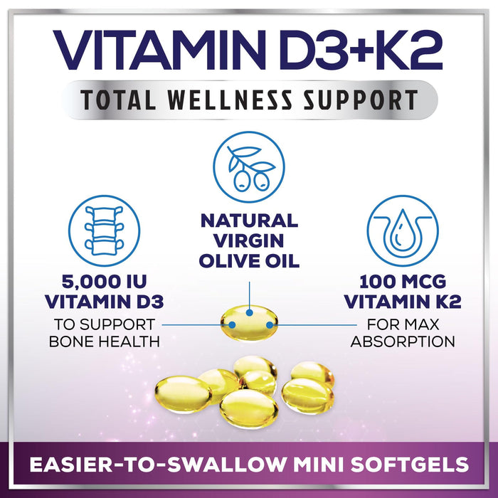 Vitamin D3 K2 - Vitamin D3 (5000 iu) & 100 mcg Vitamin K2 (MK-7) Complex for Immune Support & Bone, Teeth & Muscle Health - Easy to Swallow, Gluten Free, Non-GMO, Bottled in USA - 240 Softgels