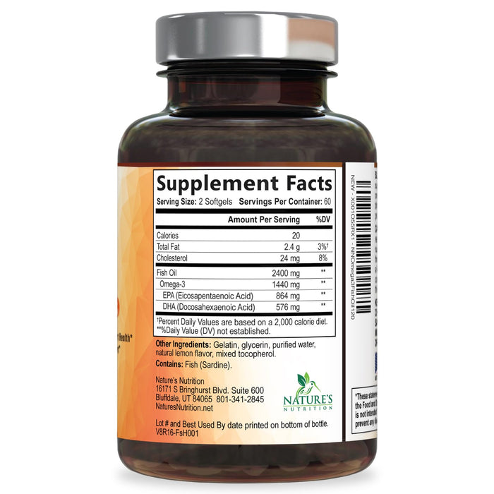 Omega 3 Fish Oil 2400 mg - Triple Strength EPA & DHA Fatty Acids for Heart, Brain & Joint Support Wild-Caught, Burpless, Lemon Flavor Supplement Natural, Non-GMO, Gluten-Free - 120 Softgels